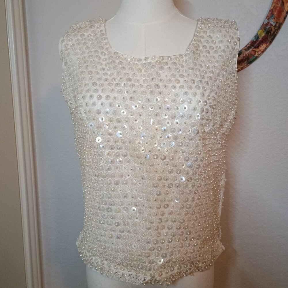 Vintage Fully Fashioned C.C. King White Pearl & Sequin Tank Top Hong Kong